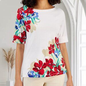 📦Karen Scott Women's S White Multcolor Floral Arrangement Elbow-Sleeve Top📦